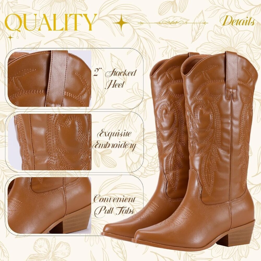 Women's Tan Pointy Toe Cowgirl Chunky Heel Boot Mid Calf Ladies Western Boots - Picture 3 of 5
